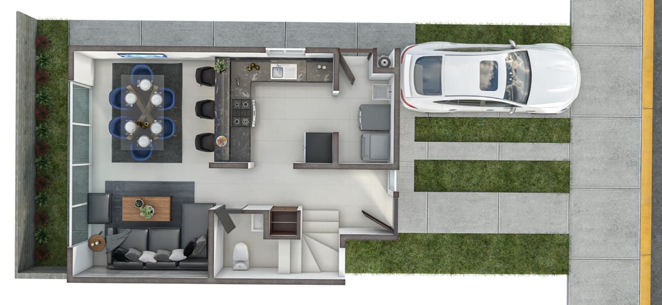 Planta arquitectónica de la planta baja del modelo Aura Premier del fraccionamiento Valle Condesa Sector Francés de la inmobiliaria Javer