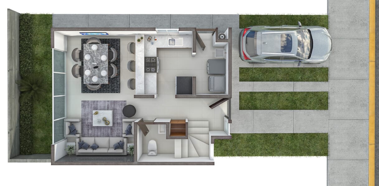 Planos arquitectónicos de planta baja en modelo Aura Premium del fraccionamiento Valle condesa sector Francés de la inmobiliaria Javer