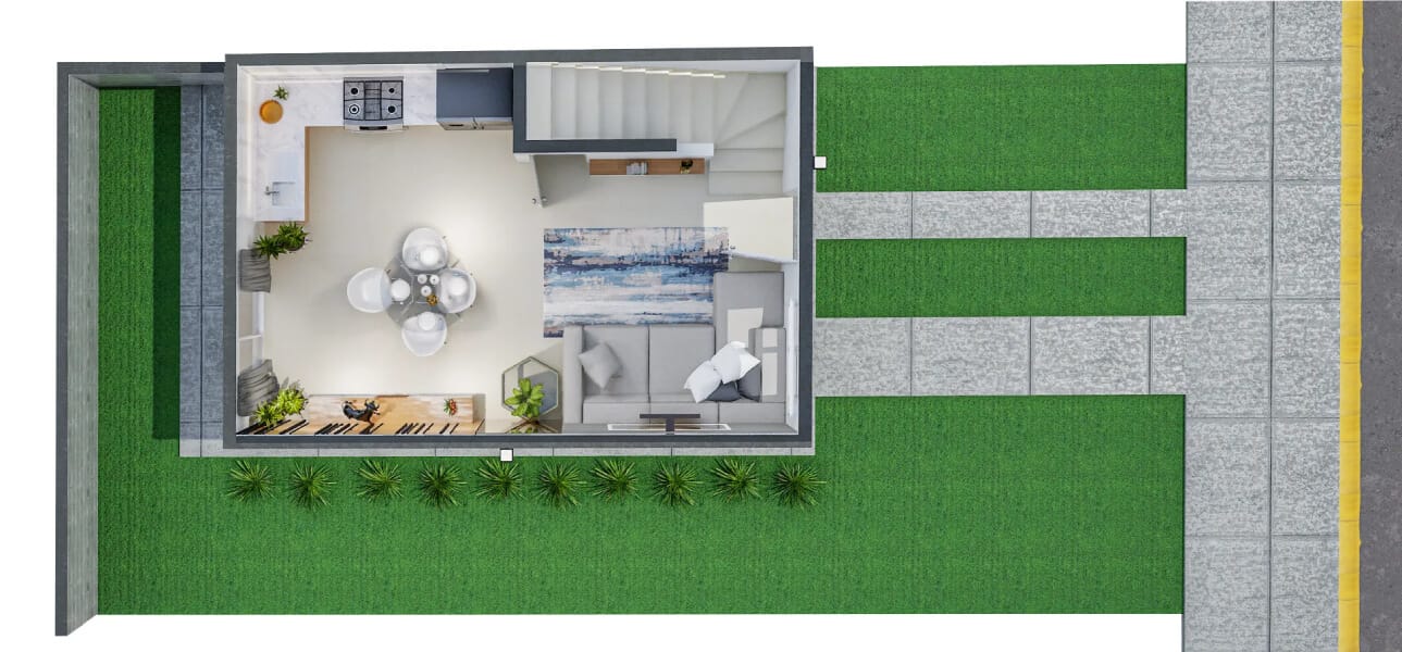 Planta arquitectónica de planta baja del modelo Águila Premier en el fraccionamiento Valle de Santa Elena Sector San José de la inmobiliaria Javer