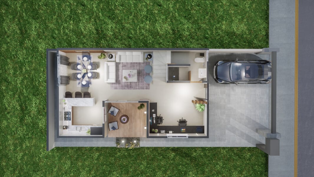 Planta arquitectónica de planta baja del modelo Arezzo en el fraccionamiento Xandora Residencial de la inmobiliaria Javer