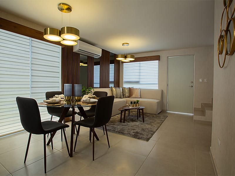Comedor y sala del modelo Milán en el fraccionamiento Privada Cantabria de la Inmobiliaría Javer