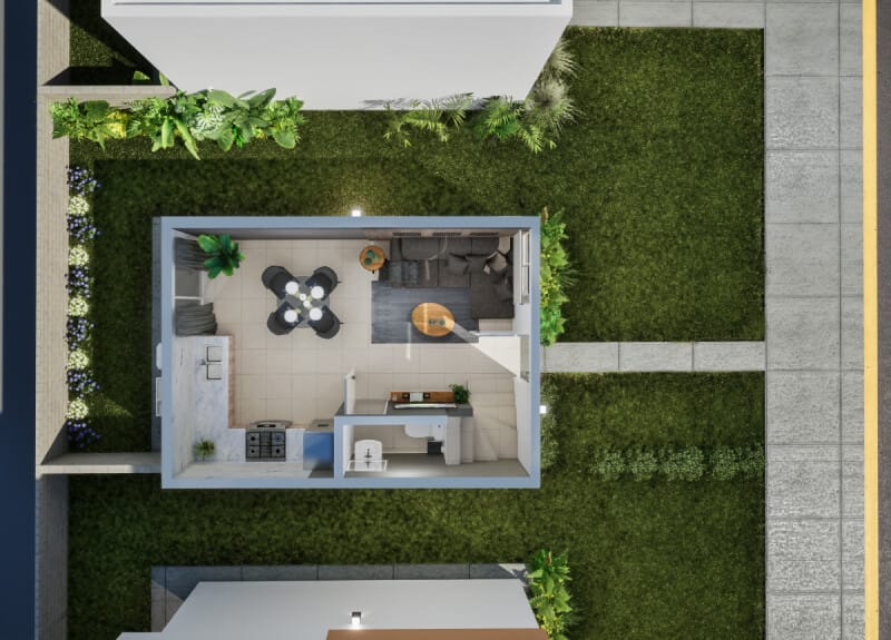 Planta arquitectónica de planta baja del modelo Águila Real en el fraccionamiento Lomas del Mirador de la inmobiliaria Javer