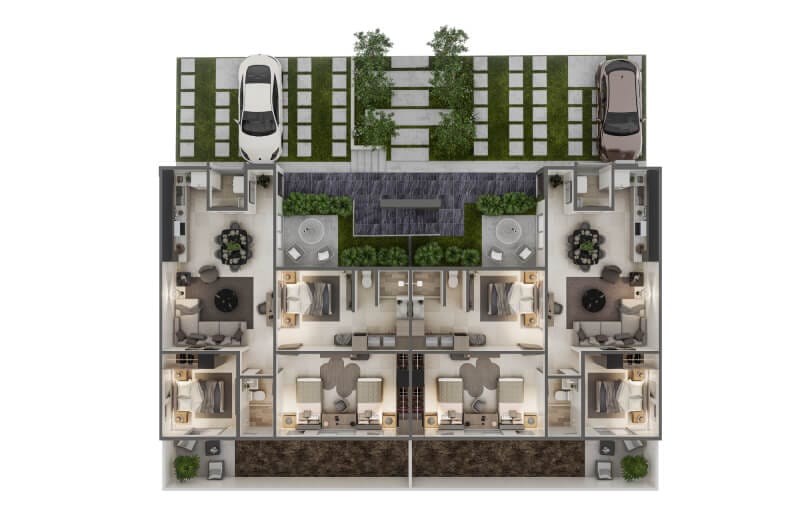 Planos arquitectónicos de planta baja del fraccionamiento Cumbre Mezquite de la inmobiliaria Javer