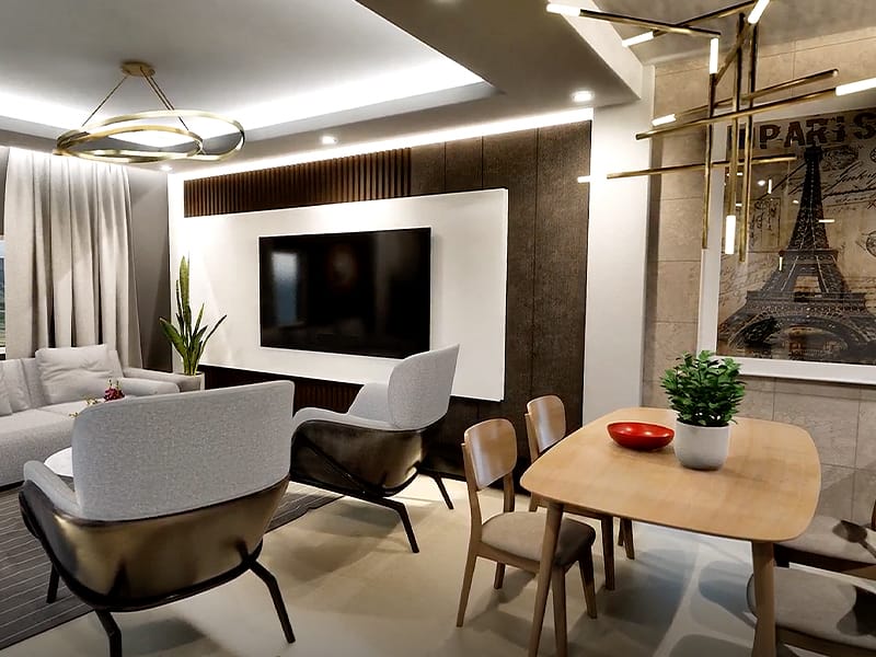 Sala y comedor del departamento modelo D en el fraccionamiento Amaire de la inmobiliaria Javer