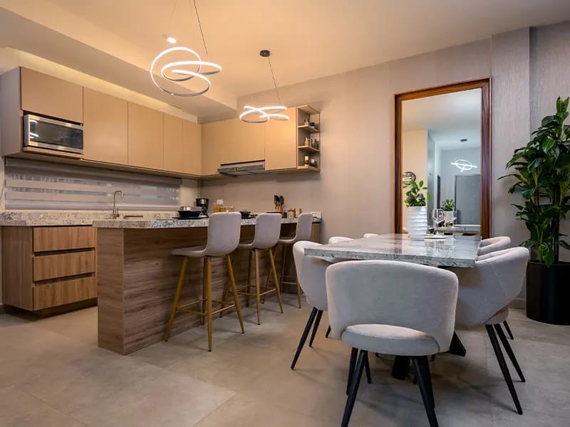 Cocina y comedor del departamento modelo C en el fraccionamiento Amaire de la inmobiliaria Javer
