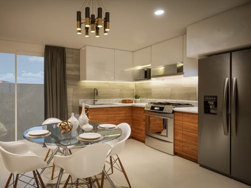 Cocina y comedor del modelo Águila Premier en el fraccionamiento Valle de los Encinos de la inmobiliaria Javer
