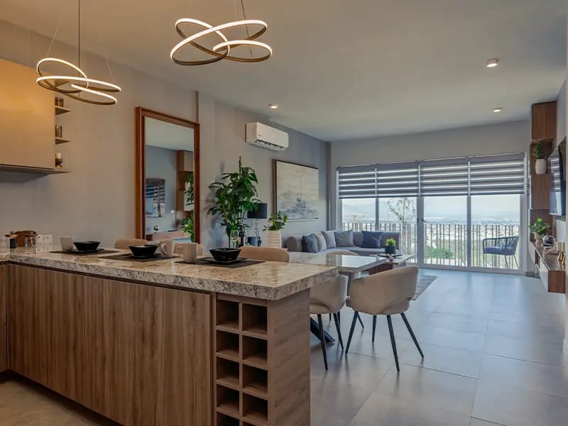 Sala y comedor del departamento modelo C en el fraccionamiento Amaire de la inmobiliaria Javer