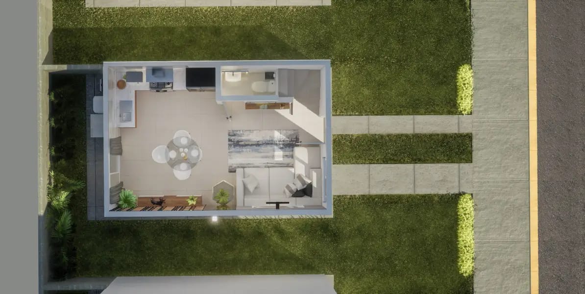Planta arquitectónica de la planta baja del modelo Águila Premier en el fraccionamiento Valle de los Encinos de la inmobiliaria Javer