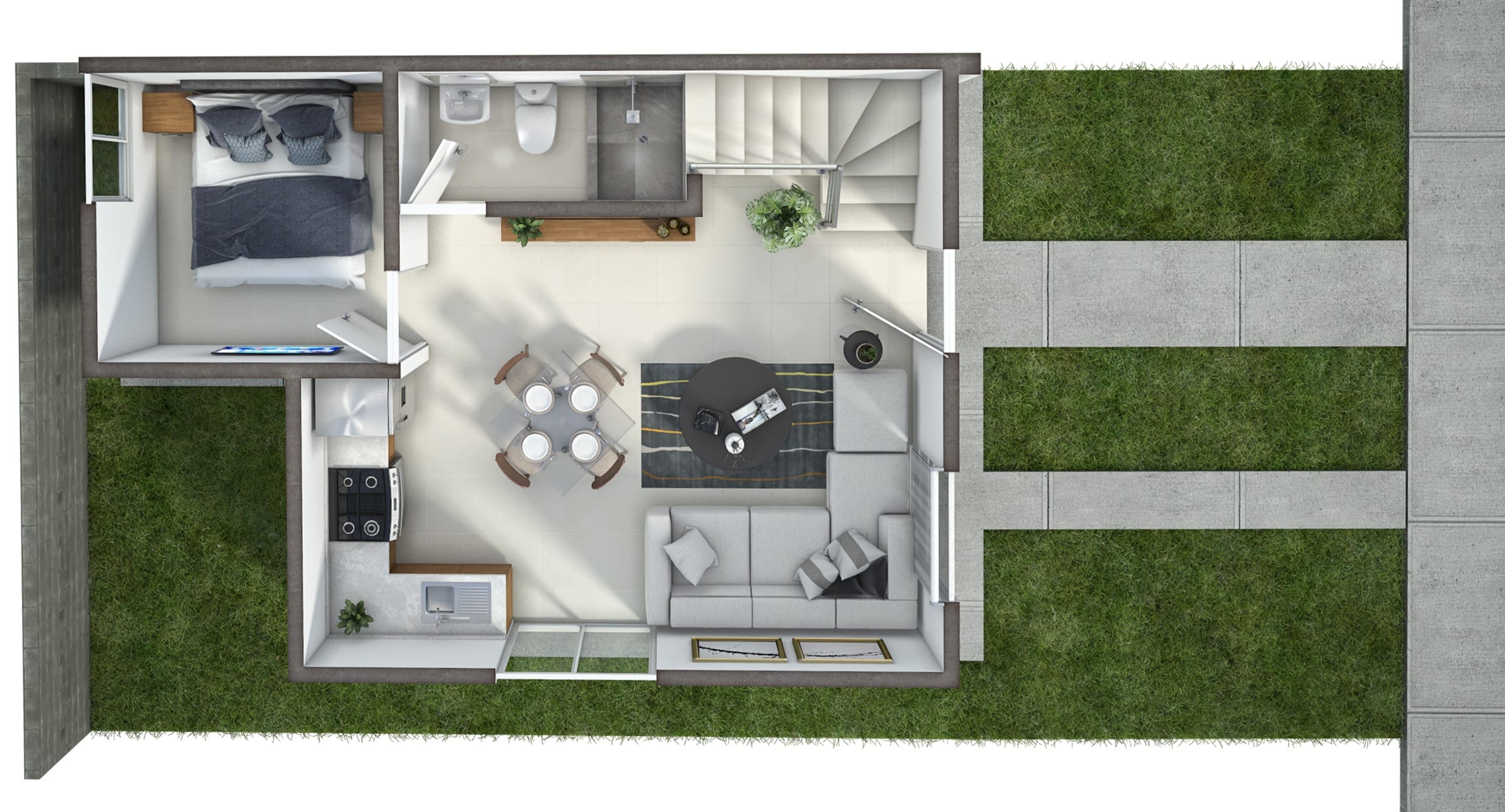 Planos arquitectónicos de la planta baja del modelo Praga en el fraccionamiento Cumbre del Norte de la inmobiliaria Javer